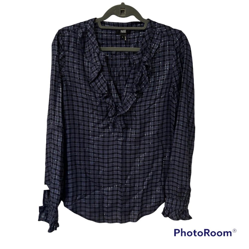 Paige Ruffle Neckline Navy Blue Plaid with Silver Thread Woman’s SZ S. Shirt